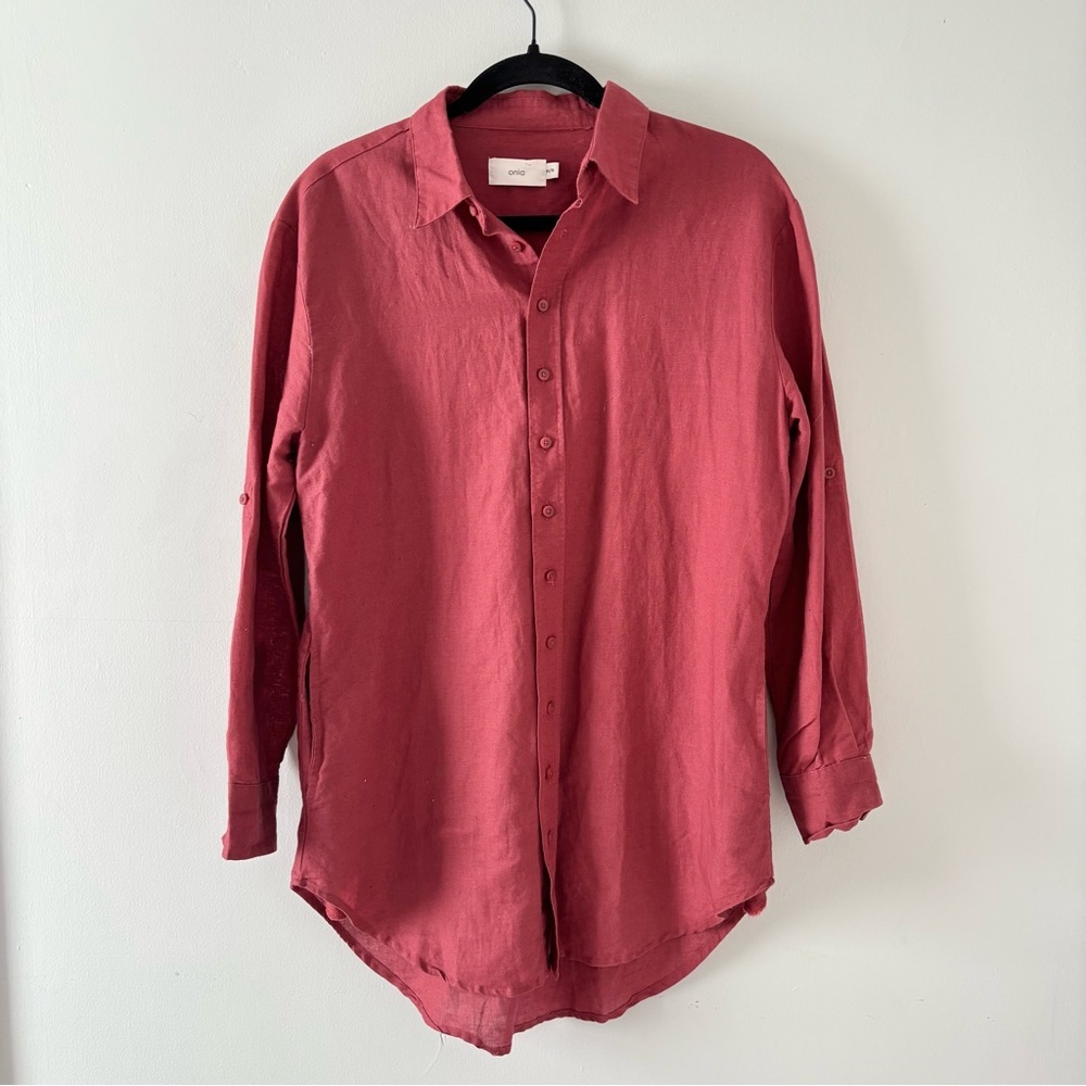 Onia Women’s Linen Tunic Dress Shirt Swim Cover Up Buttondown Pockets Red